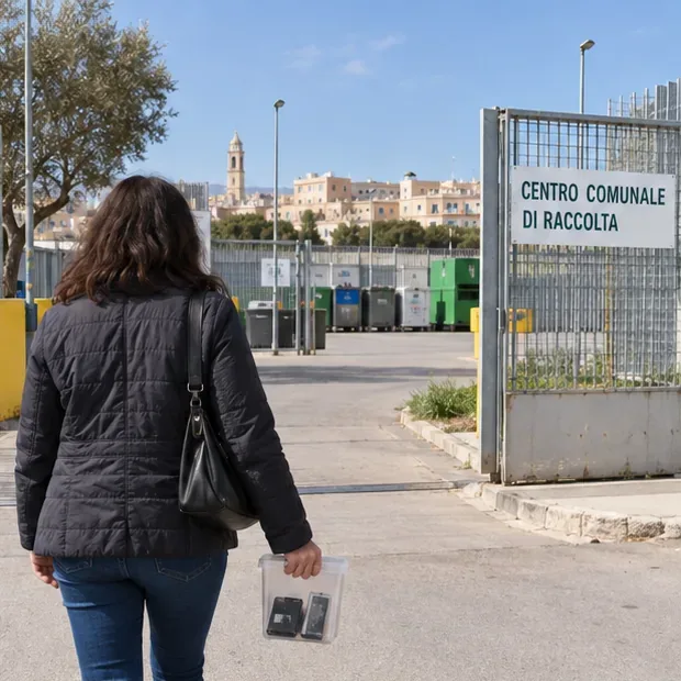 Persona che entra in un centro comunale di raccolta portando piccole batterie in un contenitore separato