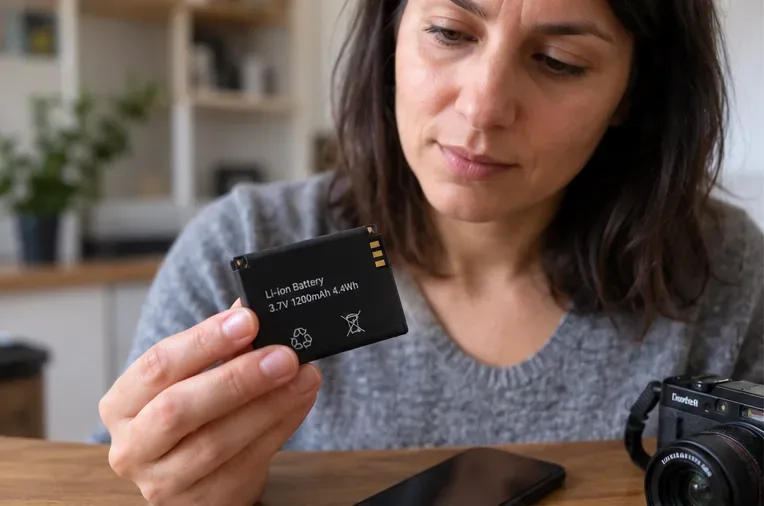 Una persona osserva una piccola batteria agli ioni di litio removibile prima di scegliere il canale di raccolta