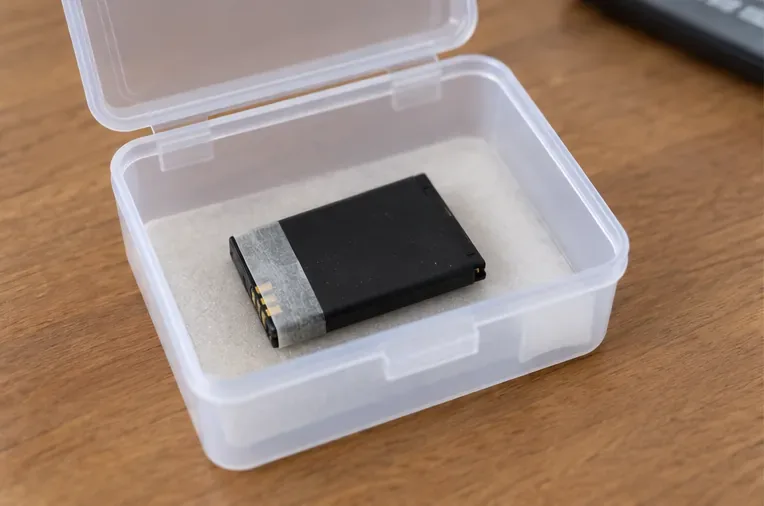 Piccola batteria al litio integra riposta separatamente in una scatola protettiva prima del conferimento