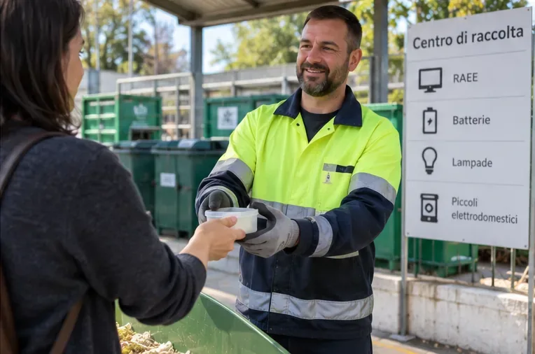Una cittadina consegna una piccola batteria protetta a un operatore presso un centro di raccolta