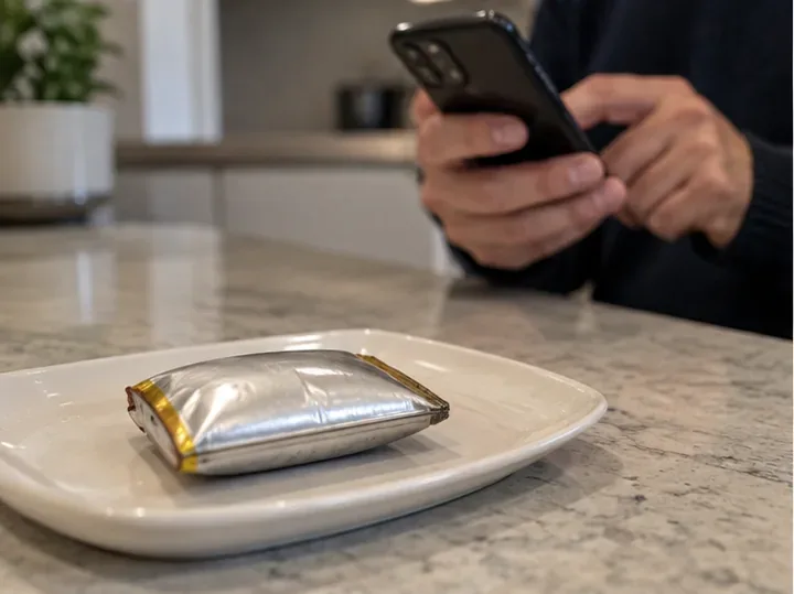 Una batteria a sacchetto visibilmente gonfia appoggiata su una superficie non combustibile, osservata senza essere manipolata