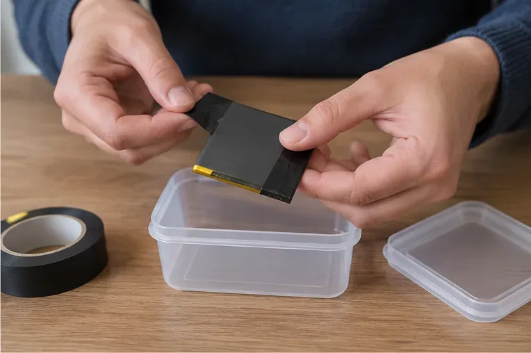 Una persona applica nastro isolante sui contatti di una piccola batteria al litio prima del trasporto