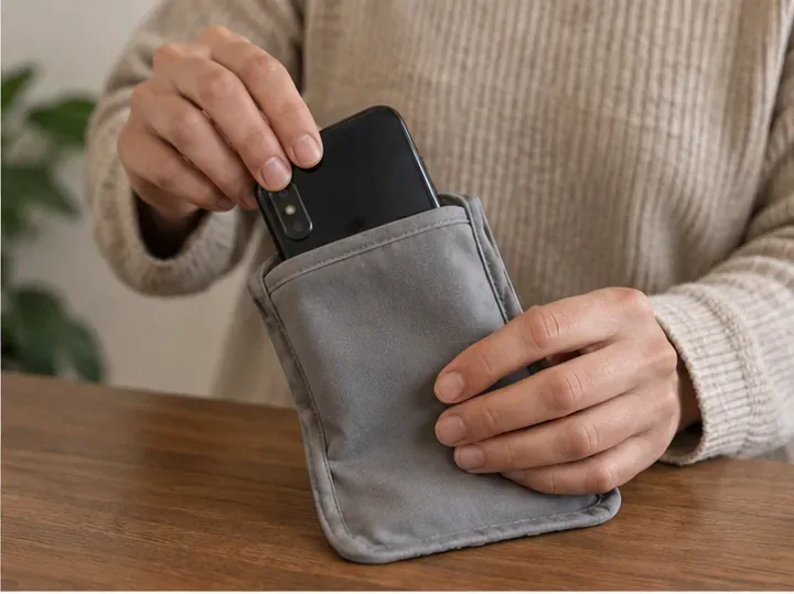 Uno smartphone viene riposto intero in una custodia protettiva invece di aprirlo per rimuovere la batteria interna