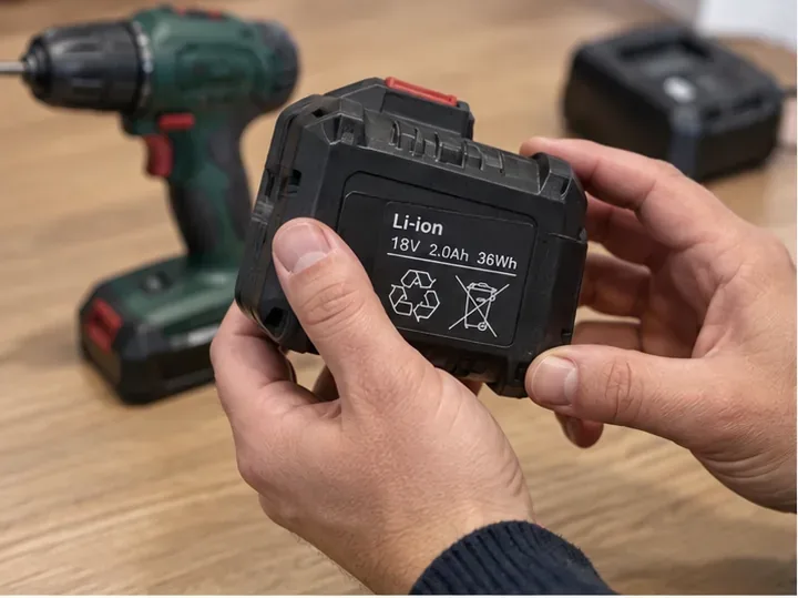 Una persona controlla l'etichetta Li-ion su una batteria rimovibile per utensili elettrici
