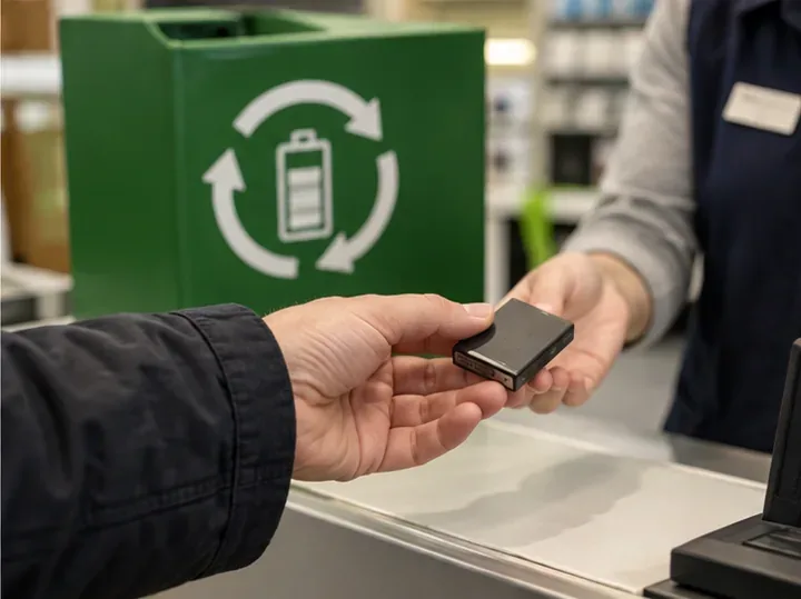 Una piccola batteria viene consegnata a un addetto presso un punto di raccolta dedicato alle batterie