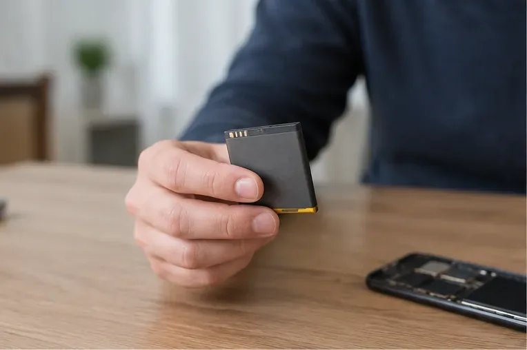 Una piccola batteria al litio rimovibile viene tenuta separata da uno smartphone aperto sul tavolo