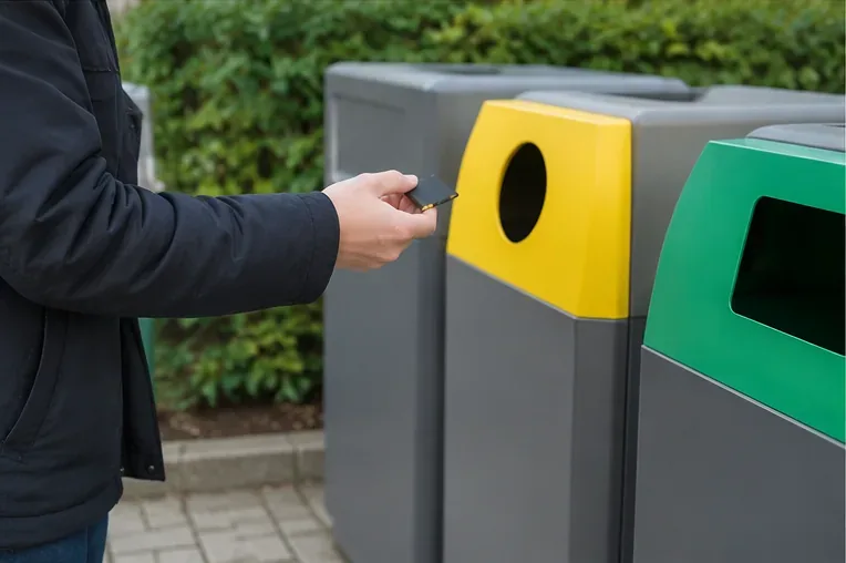 Una persona con una batteria in mano davanti a più contenitori di raccolta generici, senza inserirla