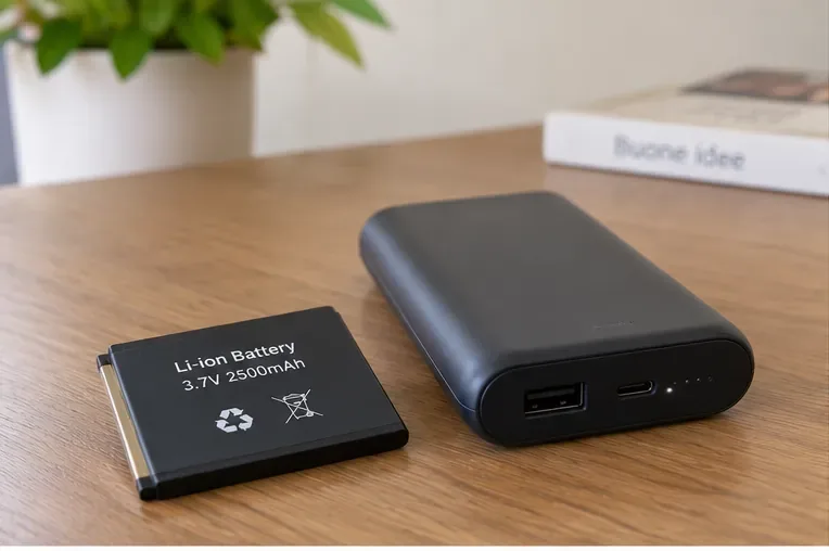 Una batteria agli ioni di litio removibile e una power bank appoggiate su un tavolo