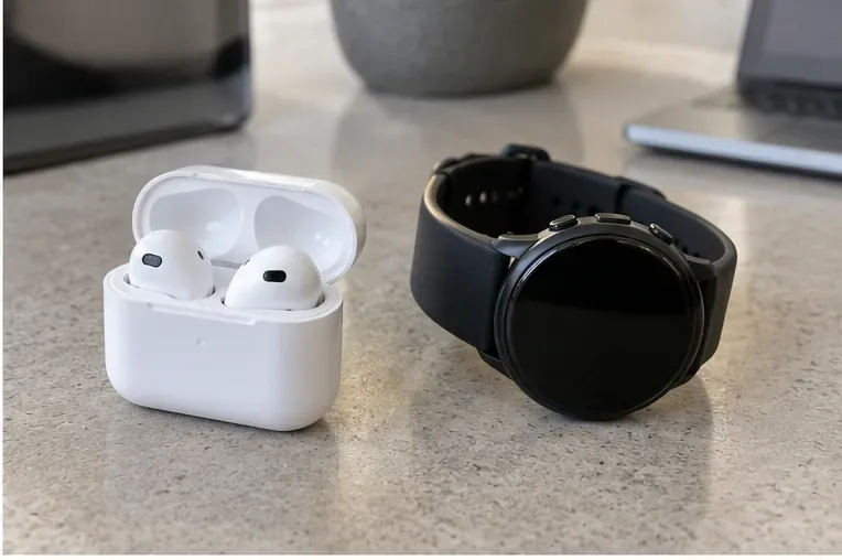 Auricolari wireless e smartwatch con batteria integrata, appoggiati su un piano