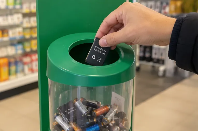 Una mano inserisce una piccola batteria al litio in un contenitore dedicato alla raccolta delle pile
