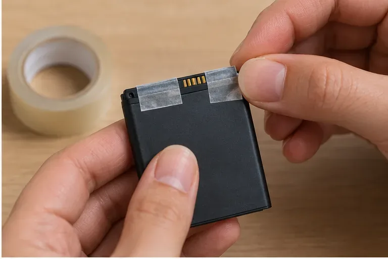 Primo piano di una batteria al litio con i contatti metallici coperti da nastro non conduttivo