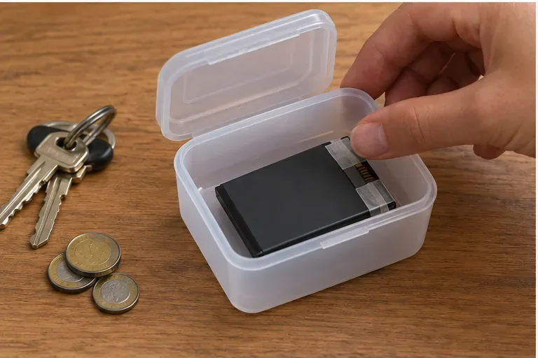 Una batteria al litio con terminali protetti riposta in un piccolo contenitore rigido lontano da chiavi e monete