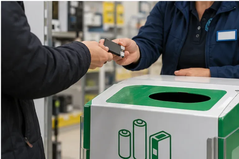 Consegna di una batteria esausta a un addetto presso un punto di raccolta con contenitore dedicato alle batterie