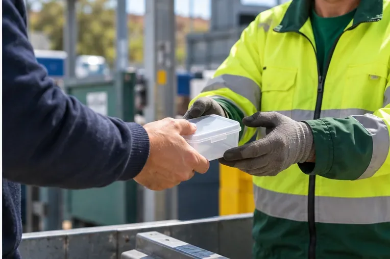 Un cittadino consegna un piccolo contenitore con una batteria a un operatore di un centro di raccolta