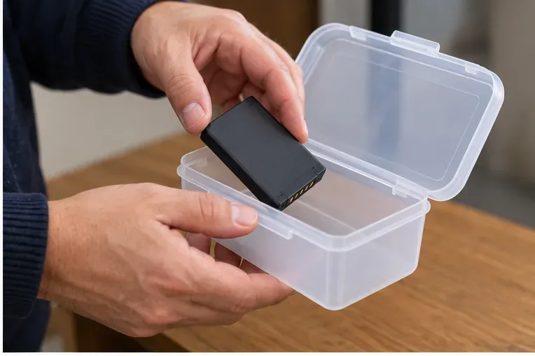 Una persona colloca con cautela una batteria al litio in un piccolo contenitore rigido con coperchio