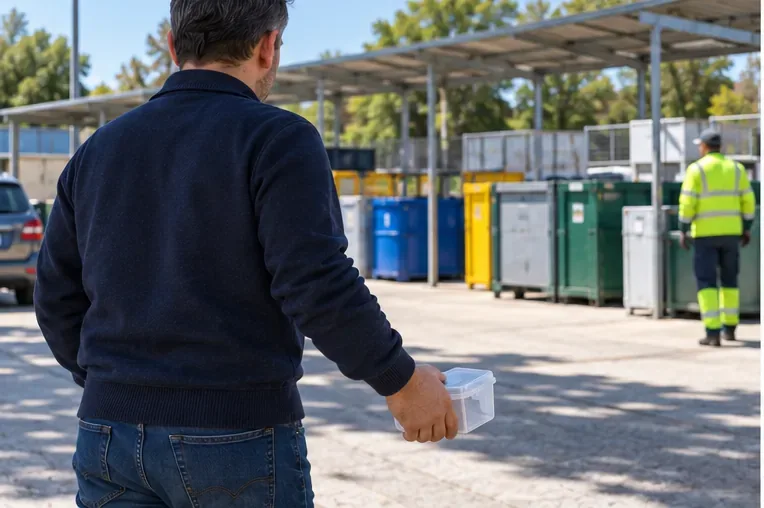 Una persona porta una piccola batteria protetta in un contenitore verso un centro di raccolta con cassoni differenziati