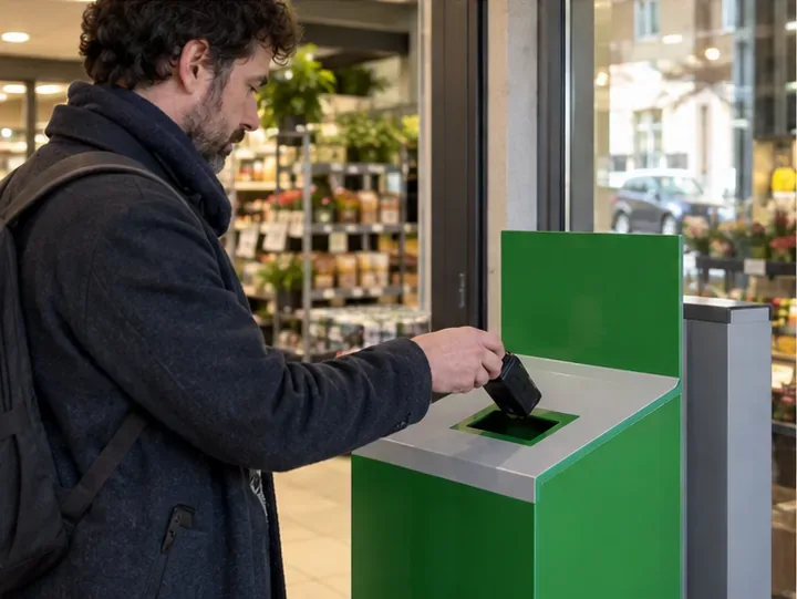 Una persona conferisce una batteria portatile integra in un contenitore dedicato all’interno di un negozio.