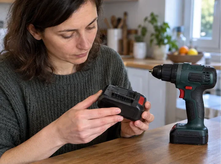 Una persona controlla l’esterno della batteria rimovibile di un trapano a batteria, ancora integra.