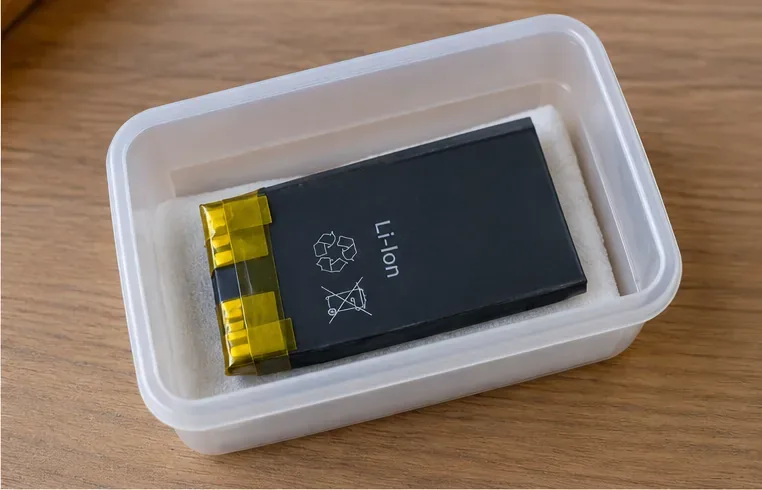 Batteria Li-ion integra appoggiata in un piccolo contenitore non metallico con i contatti protetti