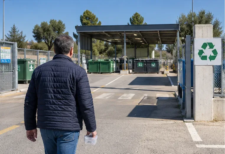 Persona che porta un piccolo contenitore verso l'ingresso di un centro di raccolta con cassoni e simbolo del riciclo