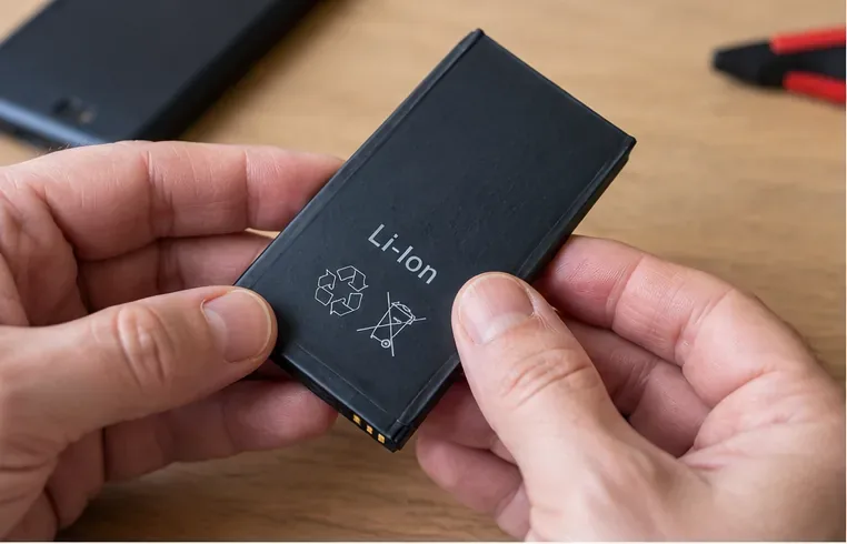 Mani che controllano una batteria nera rimovibile con indicazione Li-ion e simbolo del cassonetto barrato