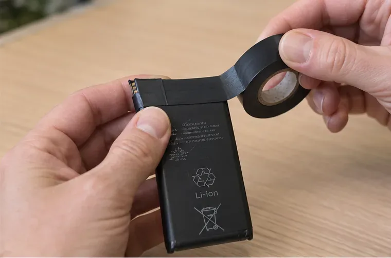 Mani che applicano nastro isolante sui contatti esposti di una batteria al litio integra