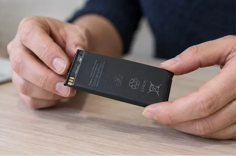 Una persona controlla una batteria agli ioni di litio rimovibile e integra prima del conferimento