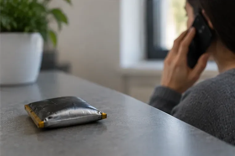 Batteria al litio visibilmente gonfia lasciata su un piano mentre una persona contatta assistenza