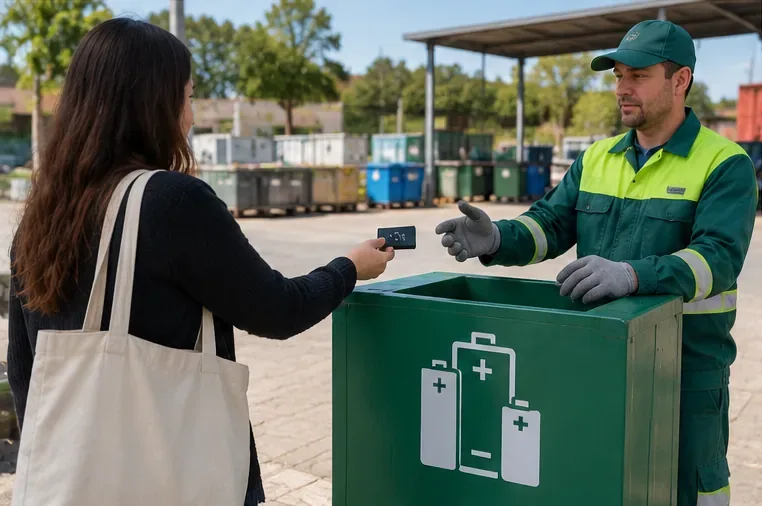 Cittadina consegna una batteria a un operatore in un centro di raccolta presidiato