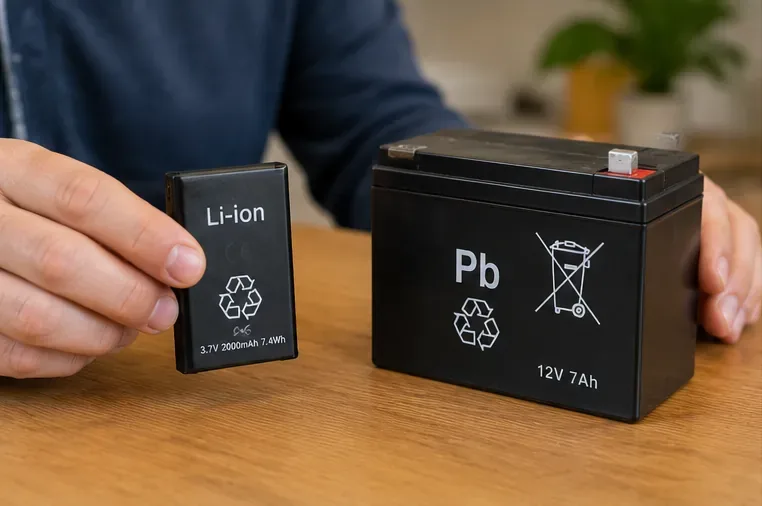 Confronto tra una piccola batteria agli ioni di litio e una batteria al piombo riconoscibili dalle sigle Li-ion e Pb