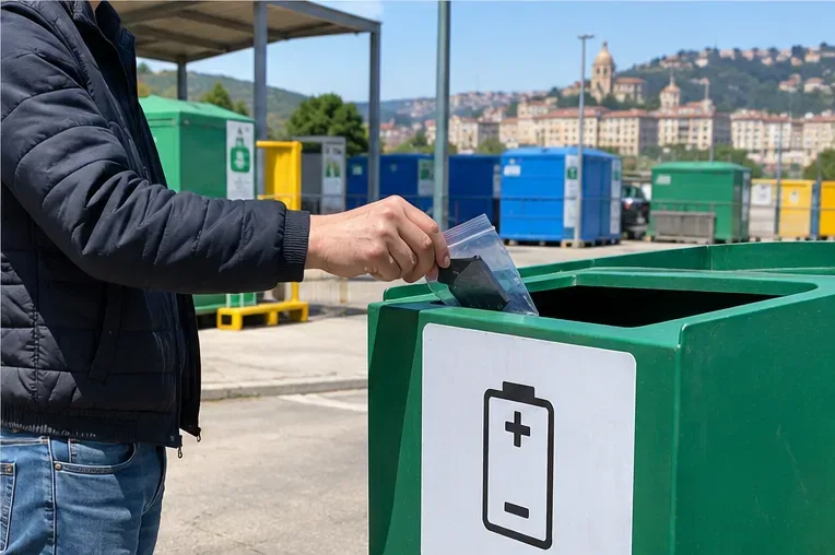 Una persona consegna una batteria isolata in un punto di raccolta dedicato alle batterie presso un centro di riciclo