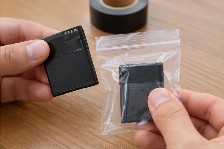 Terminali di una batteria al litio coperti con nastro isolante e batteria inserita in un sacchetto trasparente separato