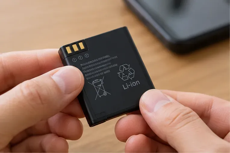 Una piccola batteria agli ioni di litio rimovibile tenuta tra le mani per controllarne etichetta e stato esterno