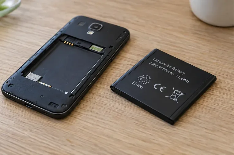 Smartphone con vano aperto e batteria agli ioni di litio rimossa accanto al dispositivo