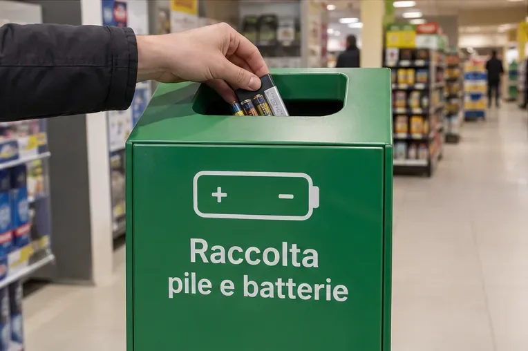 Persona che inserisce pile esauste in un contenitore verde dedicato alla raccolta di pile e batterie in un punto vendita
