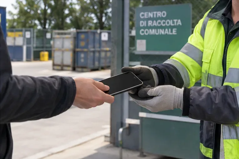 Cittadino che consegna uno smartphone integro a un addetto di un centro di raccolta comunale