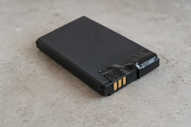 Batteria al litio integra appoggiata su una superficie, pronta per essere portata alla raccolta