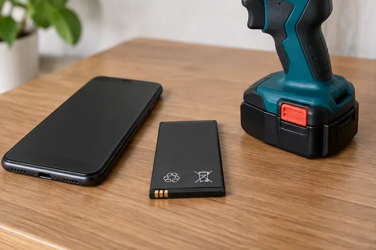 Smartphone, batteria rimovibile e utensile a batteria appoggiati su un tavolo