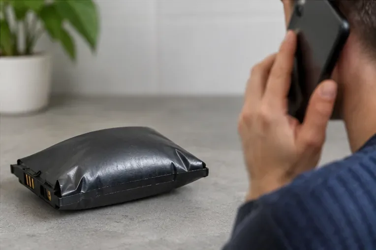 Batteria gonfia su un piano mentre una persona telefona tenendosi a distanza