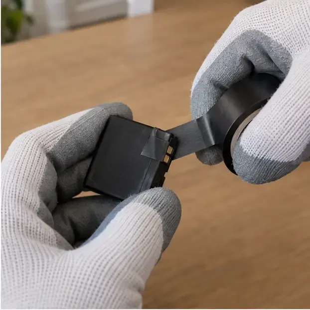 Mani con guanti che applicano nastro isolante sui contatti dorati di una batteria al litio