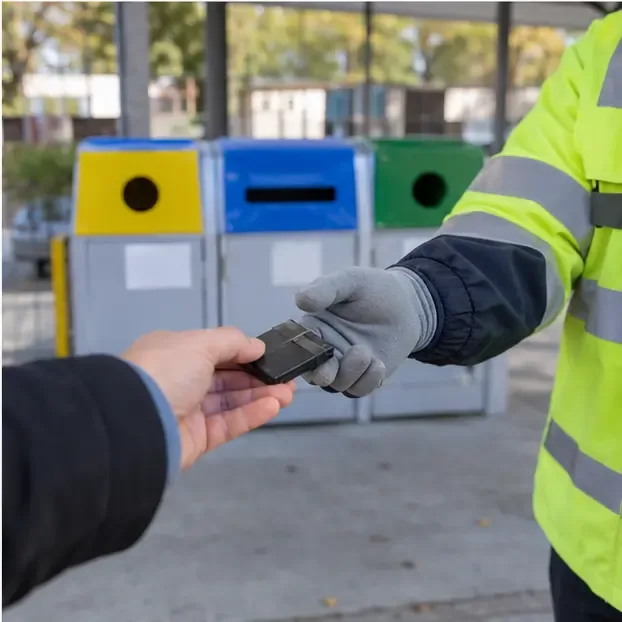 Cittadino che consegna una batteria a un operatore con guanti davanti a contenitori separati in un centro di raccolta