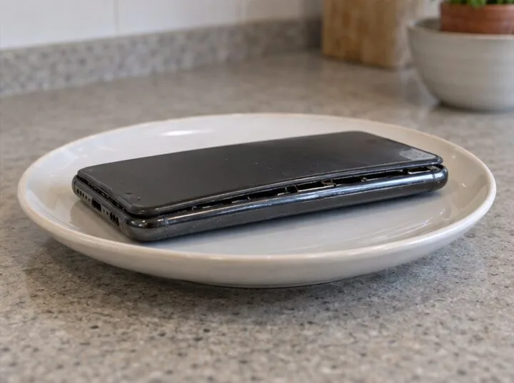 Smartphone con la scocca sollevata, segno visibile di possibile batteria gonfia, lasciato intatto su un piatto