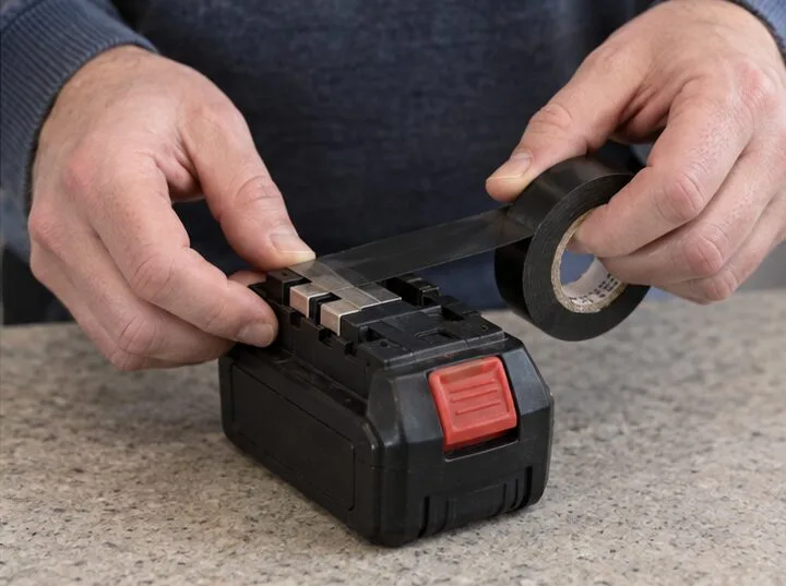 Mani che coprono con nastro isolante i contatti metallici di una batteria integra per utensile