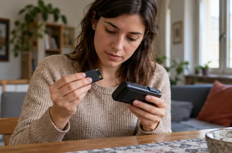 Una persona esamina una piccola batteria ricaricabile e un dispositivo elettronico sul tavolo, per capire se la batteria si può separare senza forzare il prodotto.