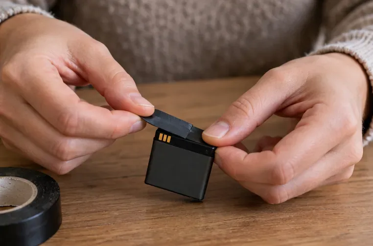 Primo piano di mani che applicano nastro isolante ai contatti metallici di una batteria al litio integra prima di consegnarla.