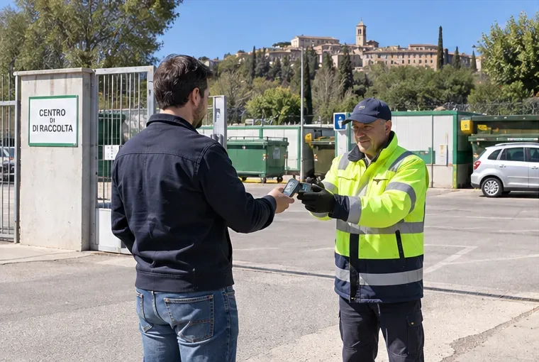 Un cittadino consegna una piccola batteria a un operatore all’ingresso di un centro di raccolta comunale