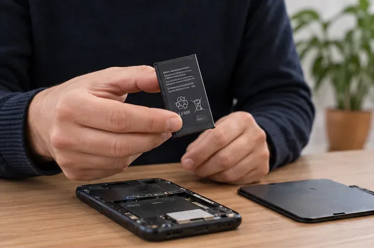 Una persona tiene una batteria rimovibile vicino a uno smartphone aperto su un tavolo