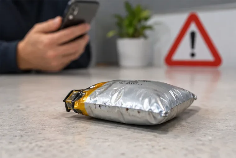 Una batteria al litio gonfia appoggiata su una superficie, con un segnale di attenzione sullo sfondo
