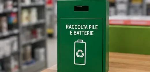 Contenitore verde con apertura superiore e scritta Raccolta pile e batterie davanti a scaffali di un negozio