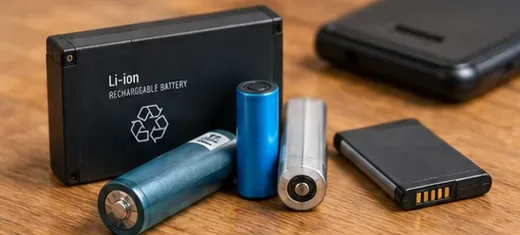 Batterie cilindriche e pacchi rettangolari su un tavolo, con la sigla Li-ion visibile sul pacco più grande